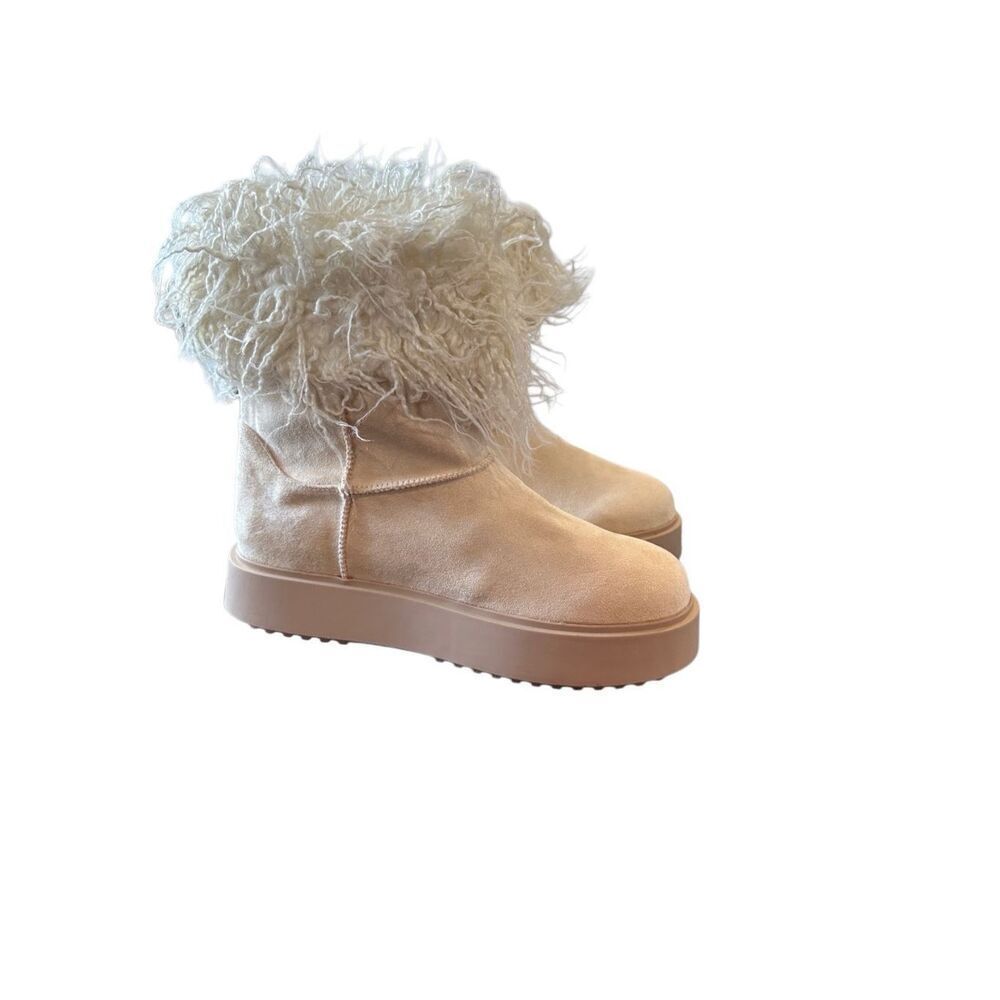 NIB Prettylittlething Faux Suede Contrast Faux Fur Ankle Boot Cream Size 8
